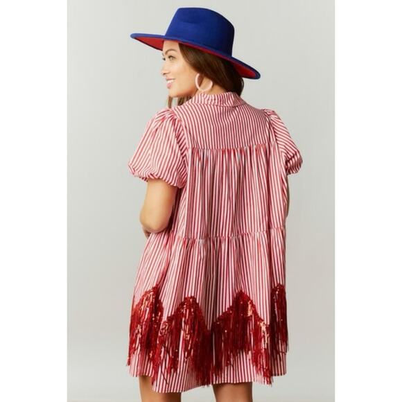 Fantastic Fawn Red White Stripe Sequin Tassel Fringe Shirt Dress Small College - Picture 8 of 14